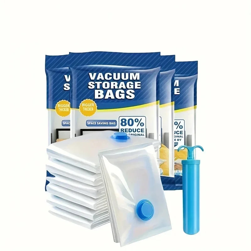 Vacuum storage bags set with blue valve and hand pump, space saving, 80% reduction