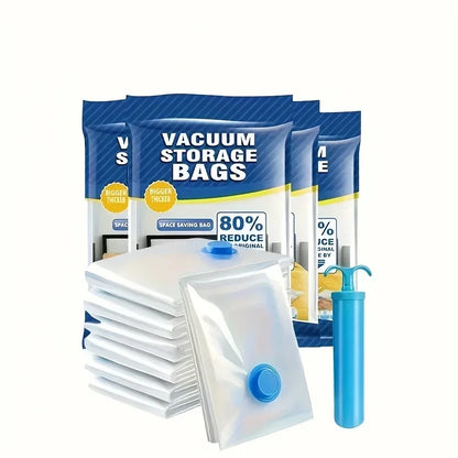 Vacuum storage bags set with blue valve and hand pump, space saving, 80% reduction