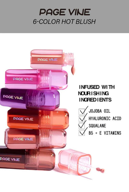 Rubor líquido perlado en 6 colores: resistente al agua y al sudor, efecto natural y duradero.