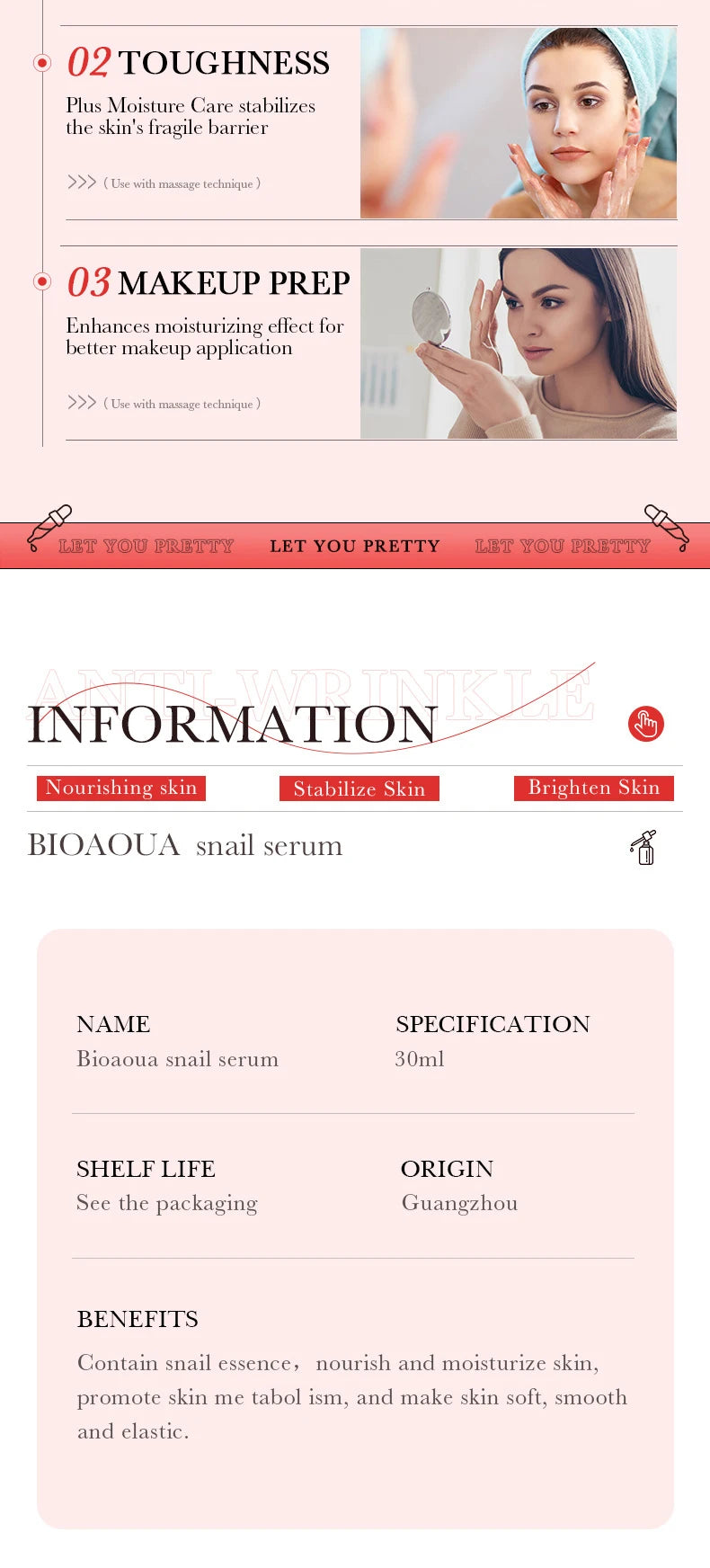 Conjunto BIOAQUA Caracol Anti-Idade - Sérum Facial Creme Olhos Hidratante Iluminador