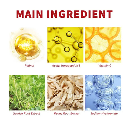 Main ingredient images including retinol capsule, acetyl hexapeptide 8 molecule, vitamin C orange slices, licorice root plant, peony root extract, sodium hyaluronate bubbles