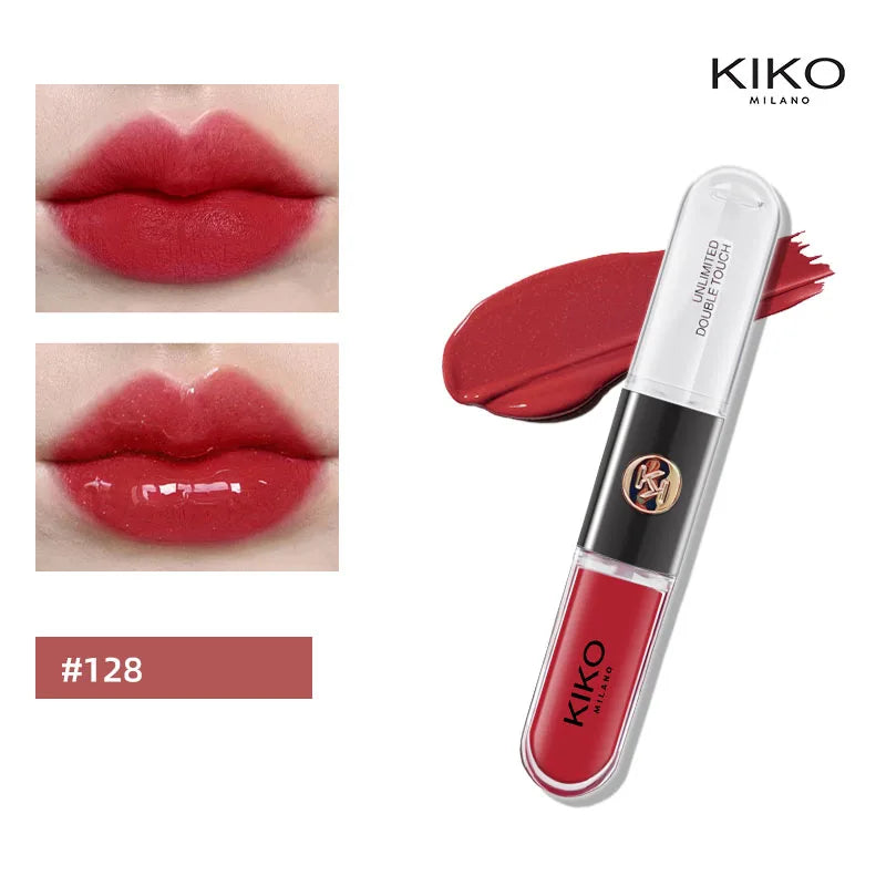 Lápiz labial doble KIKO con brillo de labios espejado: hidratante, duradero y de acabado lujoso.