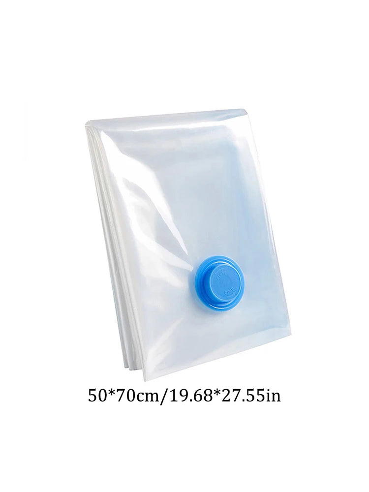 Folded transparent vacuum storage bag with a blue valve measuring 50x70cm
