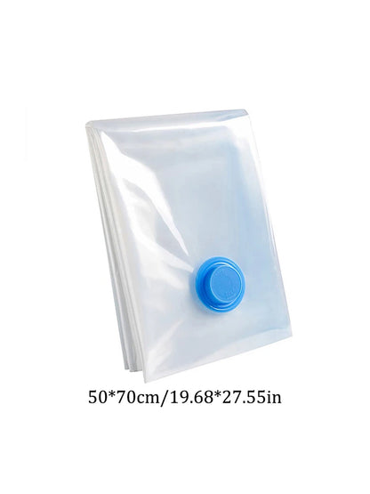 Folded transparent vacuum storage bag with a blue valve measuring 50x70cm