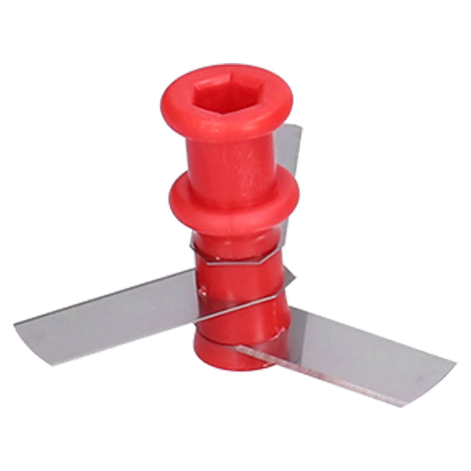 Red plastic blender blade assembly with two metal blades isolated on white