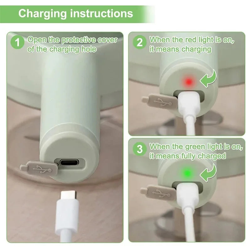Charging instructions showing USB-C port with protective cover and red and green indicator lights for charging status