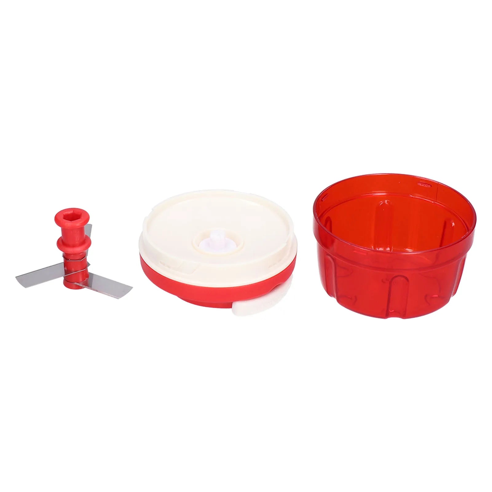 Red plastic manual food chopper parts including blade, lid, and container bowl on white background