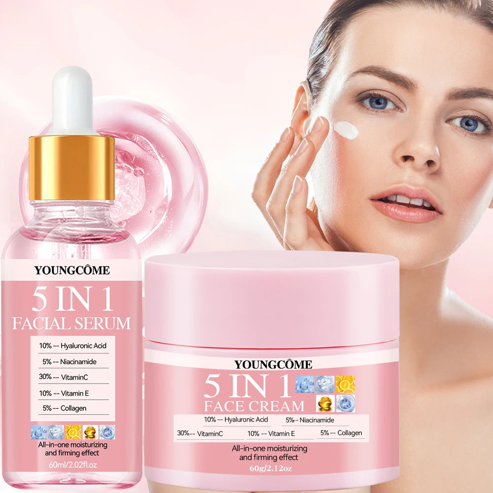 Kit Sérum Creme 5 em 1 Anti-Idade - Clareamento Rugas Firmeza Poros Hidratação Facial