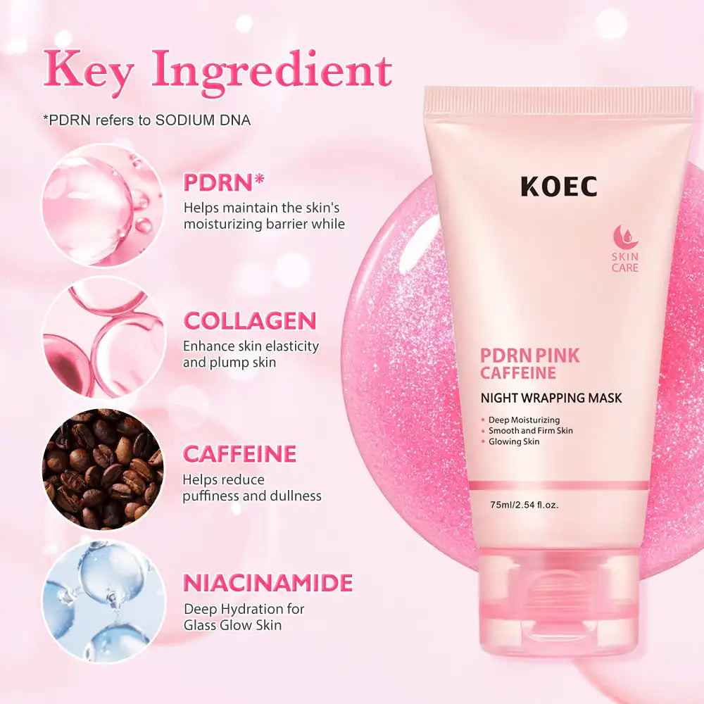 Máscara Facial KOEC PDRN Rosa Cafeína 75ml – Peel Off Noturna Hidratante Firmeza Iluminador Colágeno Niacinamida