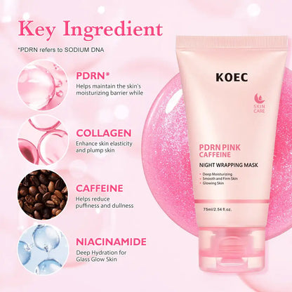 Máscara Facial KOEC PDRN Rosa Cafeína 75ml – Peel Off Noturna Hidratante Firmeza Iluminador Colágeno Niacinamida