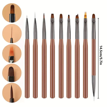 Kit 9 Pincéis Profissionais Nail Art - Set Completo para Designs e Detalhes Perfeitos