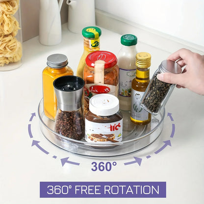 360-degree rotating clear spice rack organizer with various seasoning bottles on kitchen counter