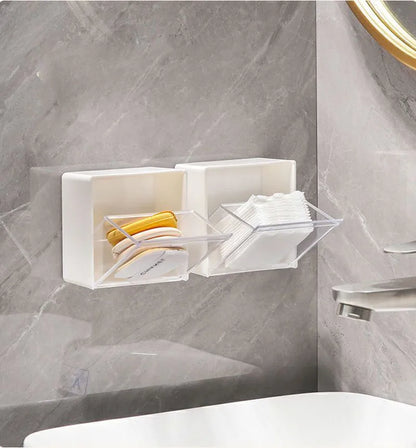 Caixa de Armazenamento de Parede em Plástico – Organizador Adesivo para Cotonetes, Maquilhagem, Acessórios e Joias | Caixa à Prova de Poeira para Casa de Banho