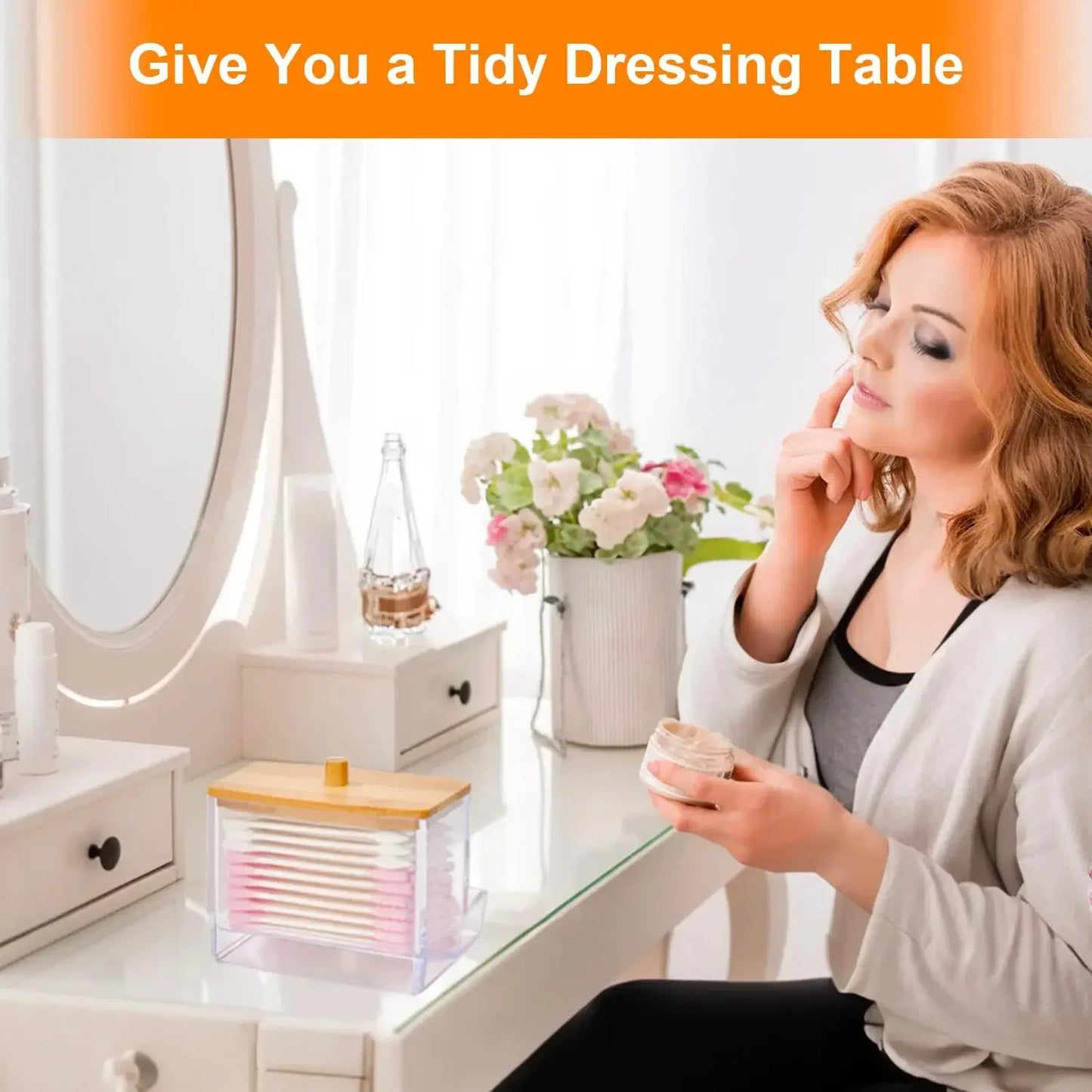 Porta Cotonetes com Tampa de Bambu – Dispensador de Cotonetes | Recipiente Transparente em Plástico com Tampa de Bambu | Organizador para Casa de Banho