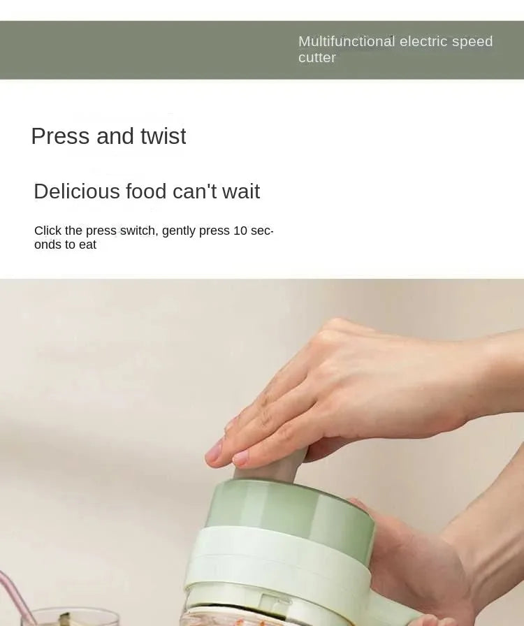 Hand using a multifunctional electric speed cutter with press and twist action for quick food preparation