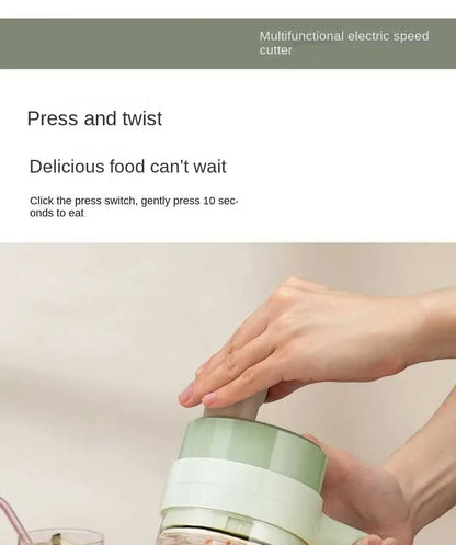 Hand using a multifunctional electric speed cutter with press and twist action for quick food preparation