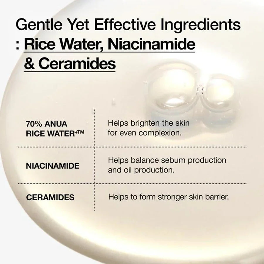 Tónico Lechoso Anua Rice 70 Glow con 70 % de agua, ceramidas de arroz, hidratante, iluminador y control de la grasa de la piel.