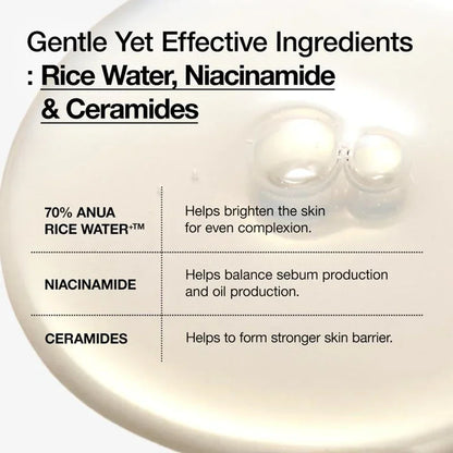 Tónico Lechoso Anua Rice 70 Glow con 70 % de agua, ceramidas de arroz, hidratante, iluminador y control de la grasa de la piel.