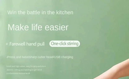 Green kitchen background with white text promoting one-click stirring and electric cutting features