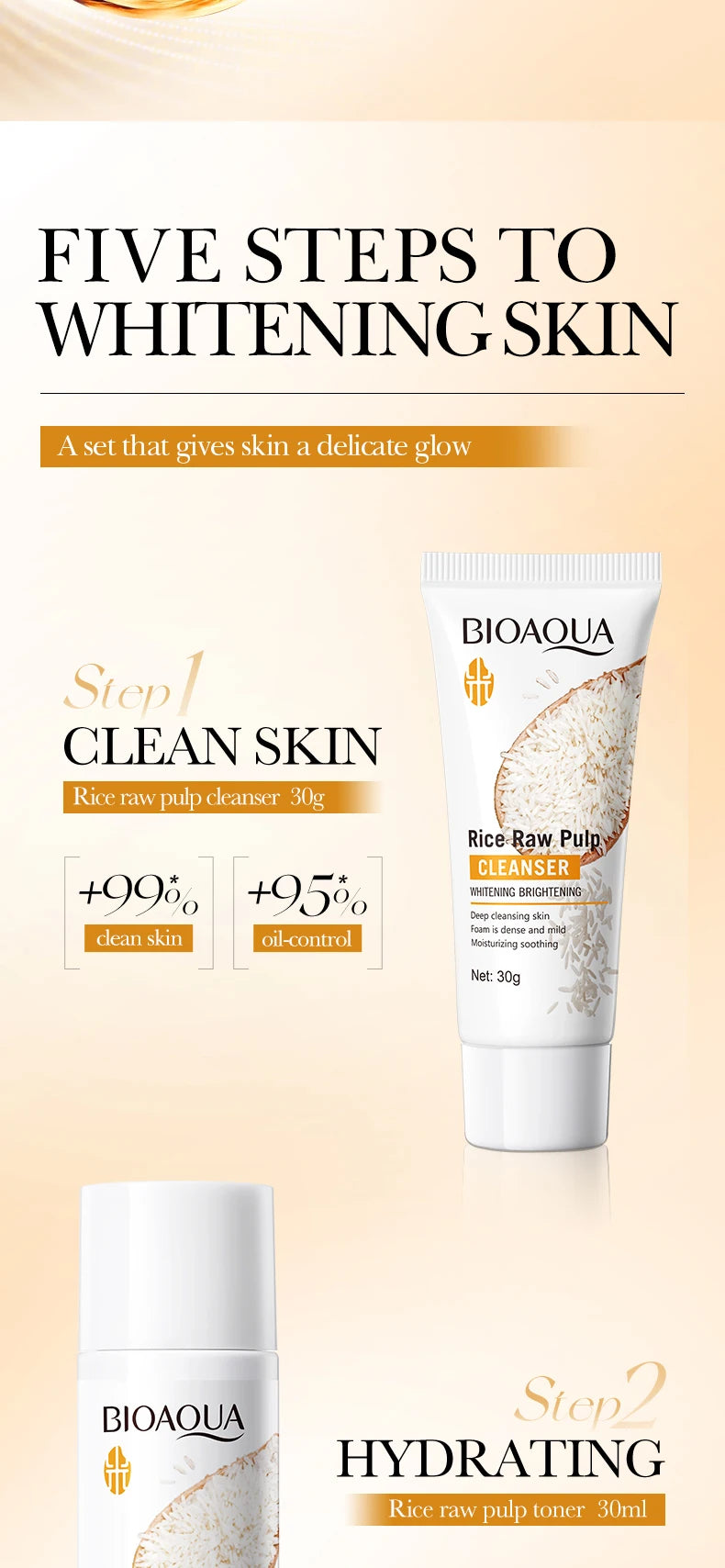 Set de cuidado de la piel con arroz BIOAOUA: limpiador, tónico, esencia, loción y crema hidratante iluminadora.