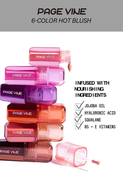 Rubor líquido perlado en 6 colores: resistente al agua y al sudor, efecto natural y duradero.