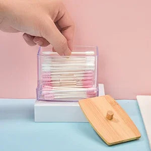 Porta Cotonetes com Tampa de Bambu – Dispensador de Cotonetes | Recipiente Transparente em Plástico com Tampa de Bambu | Organizador para Casa de Banho