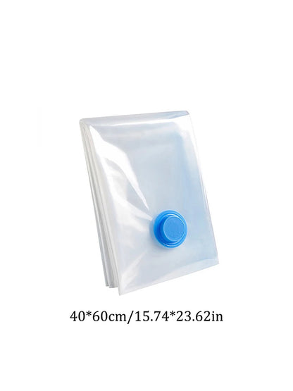 Clear vacuum storage bag with blue valve, size 40x60 cm for space-saving organization