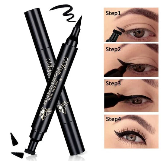 Delineador de ojos líquido de doble punta con sello: resistente al agua, de secado rápido y de larga duración, de color negro.
