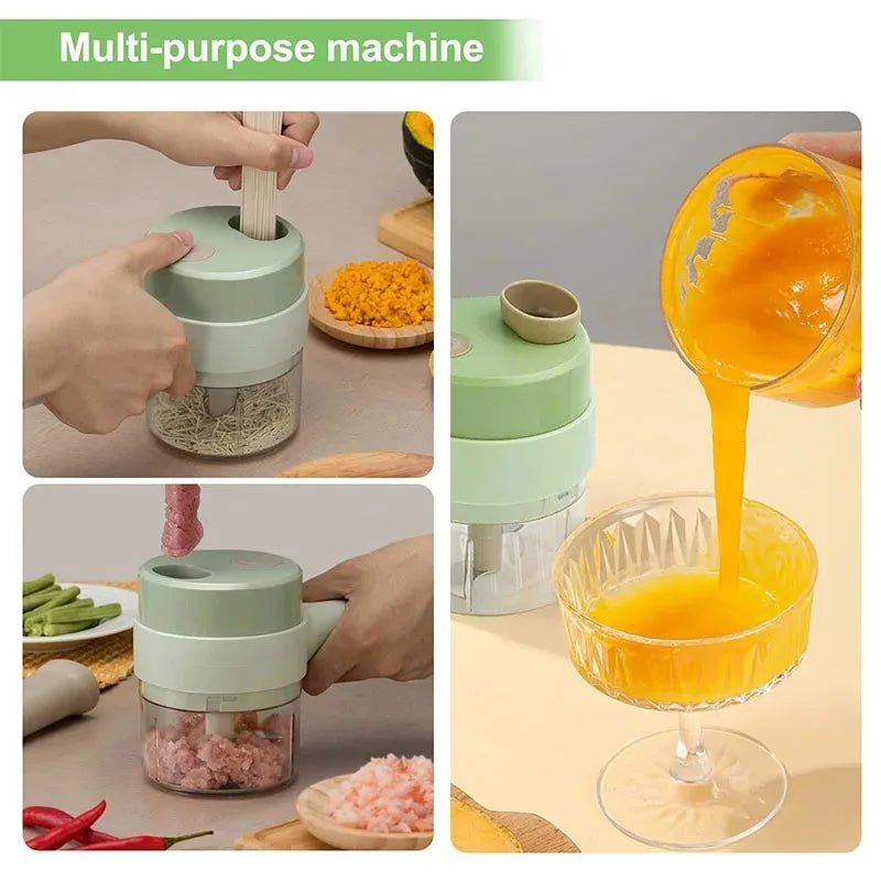 Compact green multi-purpose kitchen machine chopping vegetables, grinding meat, and blending orange juice.