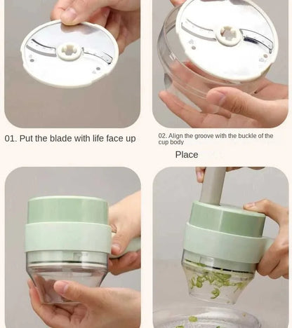 Step-by-step assembly and use of a green handheld spiral vegetable slicer with clear container