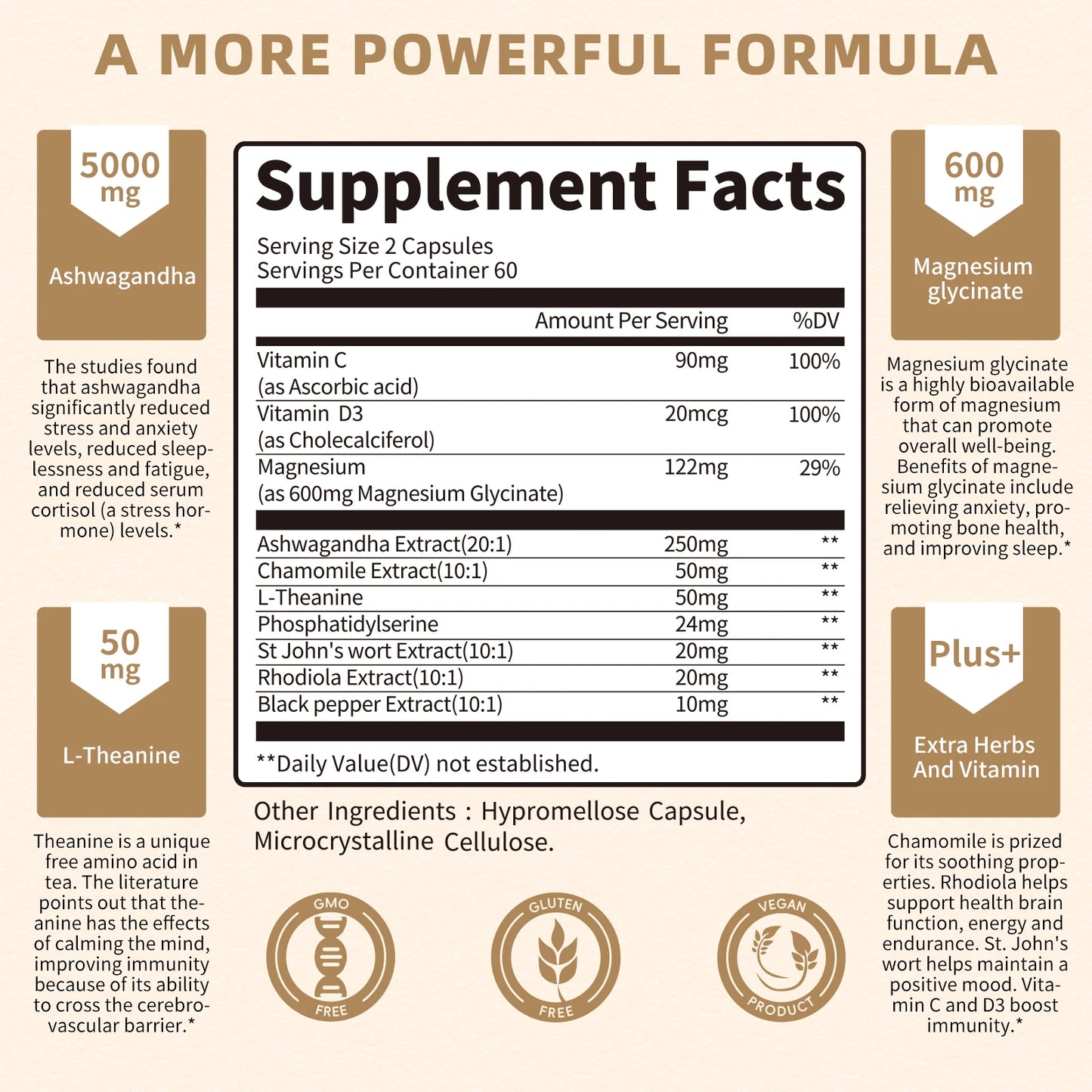 Cápsulas 10 em 1 Cortisol Magnésio Ashwagandha Vitaminas – Suporte Cognitivo Saúde Cerebral Calma Sono Relaxamento