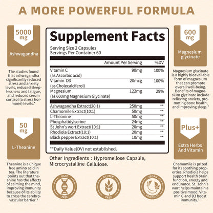Cápsulas 10 em 1 Cortisol Magnésio Ashwagandha Vitaminas – Suporte Cognitivo Saúde Cerebral Calma Sono Relaxamento