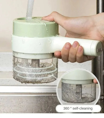 Hand holding a compact green and white kitchen gadget under running water, demonstrating 360-degree self-cleaning feature