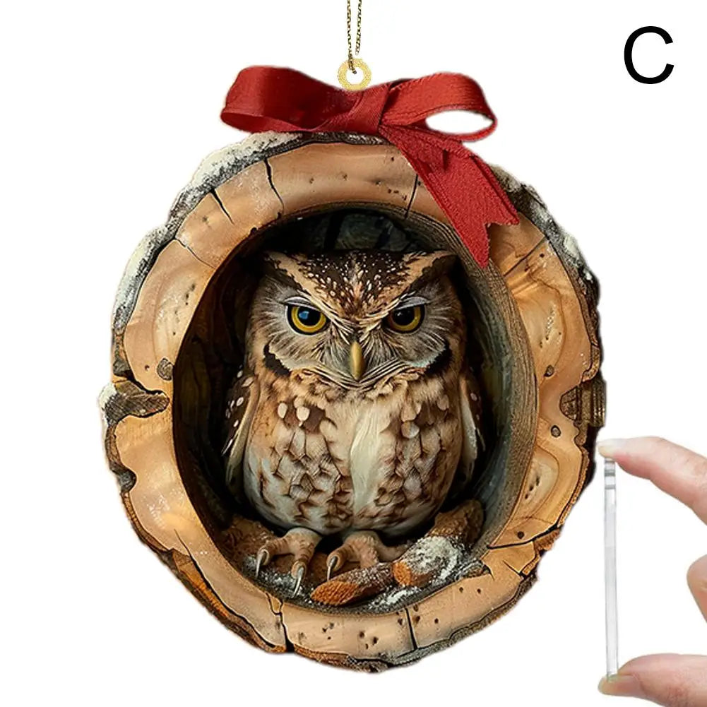 Christmas Cartoon Owl Hanging Pendants Ornament 2D Acrylic Christmas Tree Forest Animal Pendants Home Christmas Ornaments ﻿