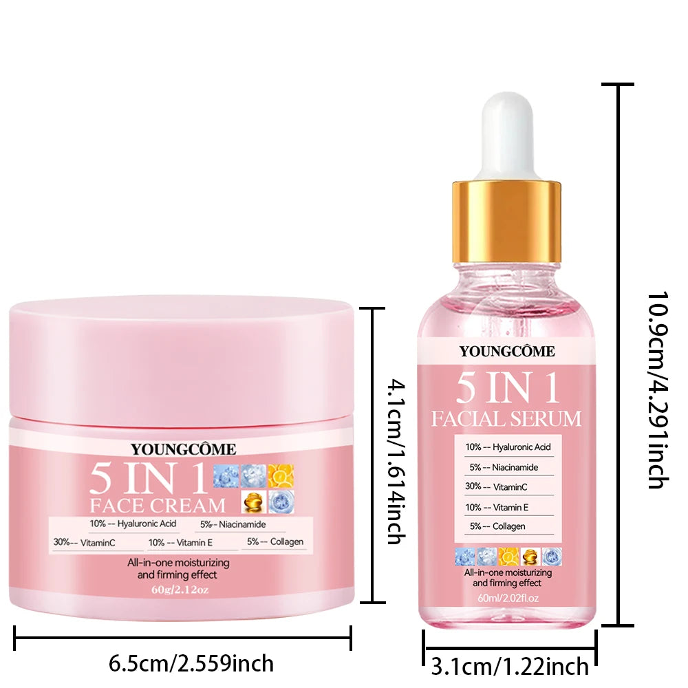 Kit Sérum Creme 5 em 1 Anti-Idade - Clareamento Rugas Firmeza Poros Hidratação Facial