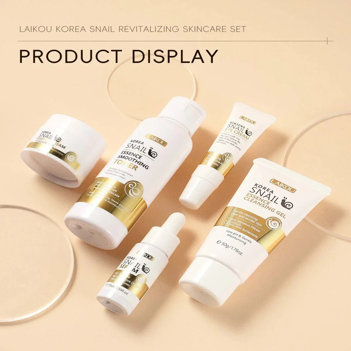 Kit LAIKOU Caracol 5 Peças - Gel Limpeza Tónico Sérum Creme Olhos Elasticidade Facial