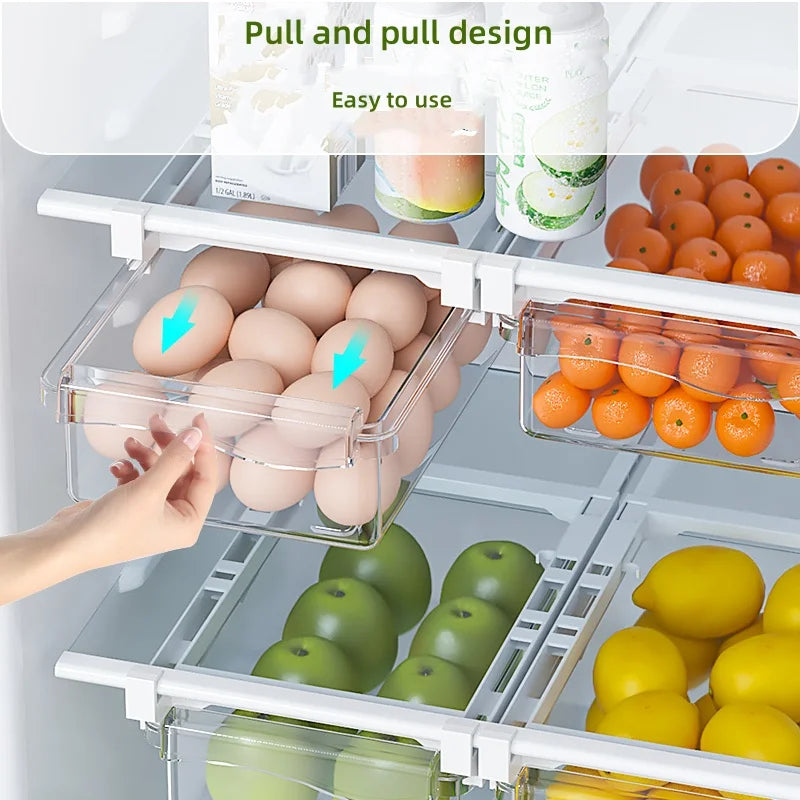 Kitchen Storage Box – Transparent Organizer for Fruits, Vegetables, Eggs, and Food | Sliding Drawer for Refrigerator Shelf