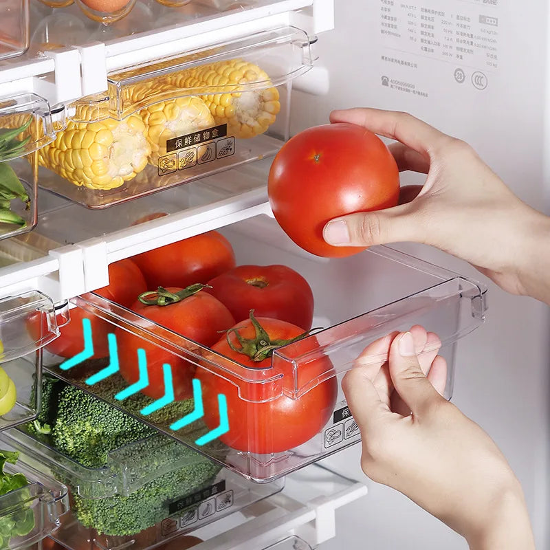 Kitchen Storage Box – Transparent Organizer for Fruits, Vegetables, Eggs, and Food | Sliding Drawer for Refrigerator Shelf