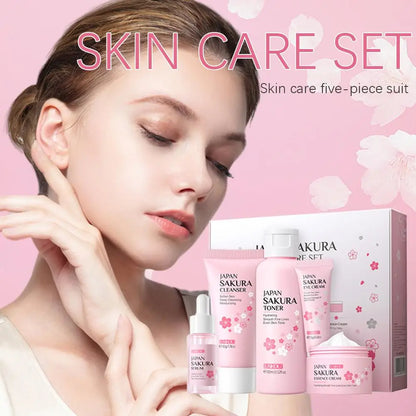 Kit de cuidado de la piel LAIKOU Sakura (5/3 piezas): crema, sérum, tónico, limpiador, protector solar, contorno de ojos y set de regalo.