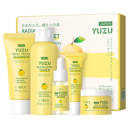 Kit LAIKOU YUZU Grapefruit 5 Peças - Creme Sérum Tónico Limpeza Olhos Hidratação Facial