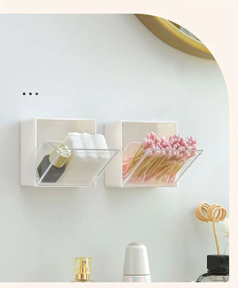 Caixa de Armazenamento de Parede em Plástico – Organizador Adesivo para Cotonetes, Maquilhagem, Acessórios e Joias | Caixa à Prova de Poeira para Casa de Banho