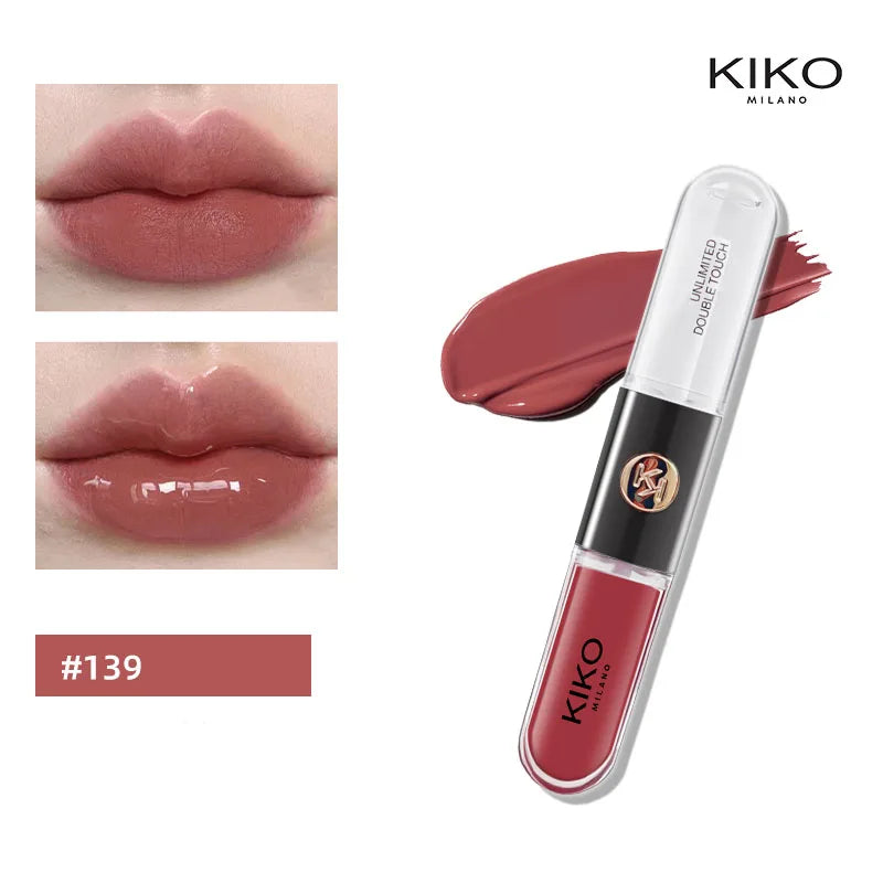 Lápiz labial doble KIKO con brillo de labios espejado: hidratante, duradero y de acabado lujoso.