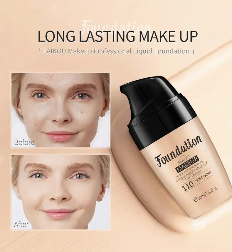 LAIKOU professional liquid foundation bottle with before and after makeup application on fair skin model