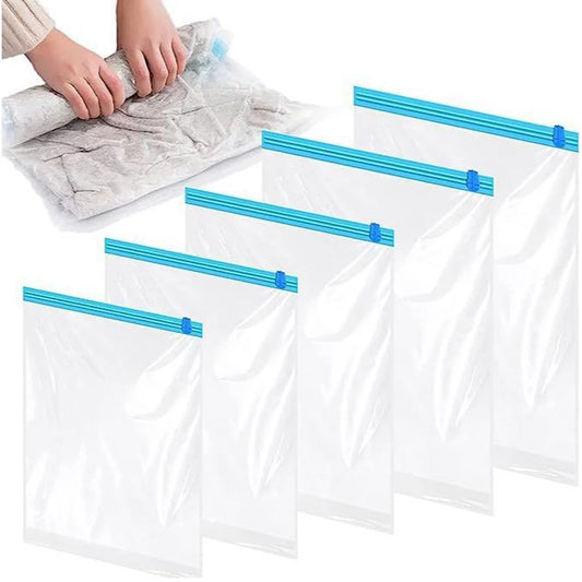 Hands rolling gray sweater into clear vacuum storage bag with blue slider seals in set of five