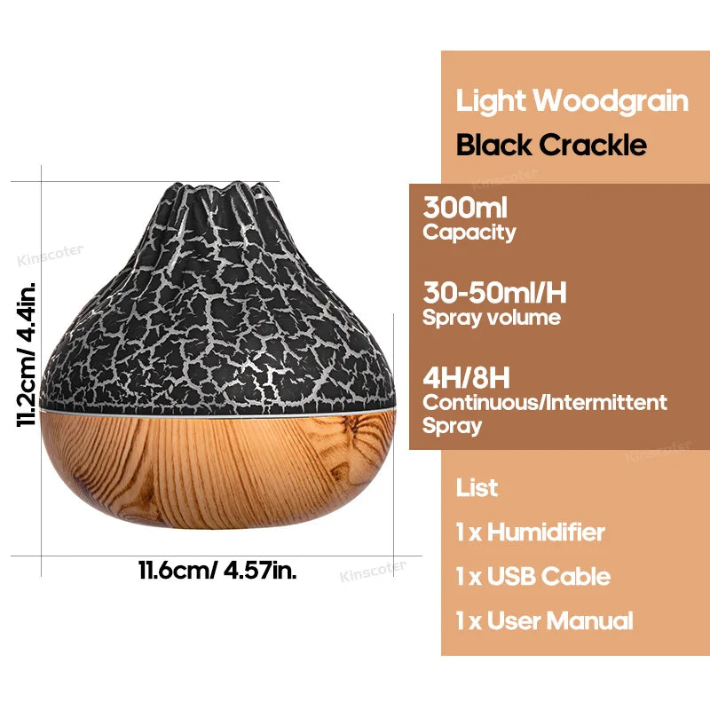 Volcano Humidifier 300ml with 7 LED Colors - USB Aromatherapy Diffuser for Home and Office
