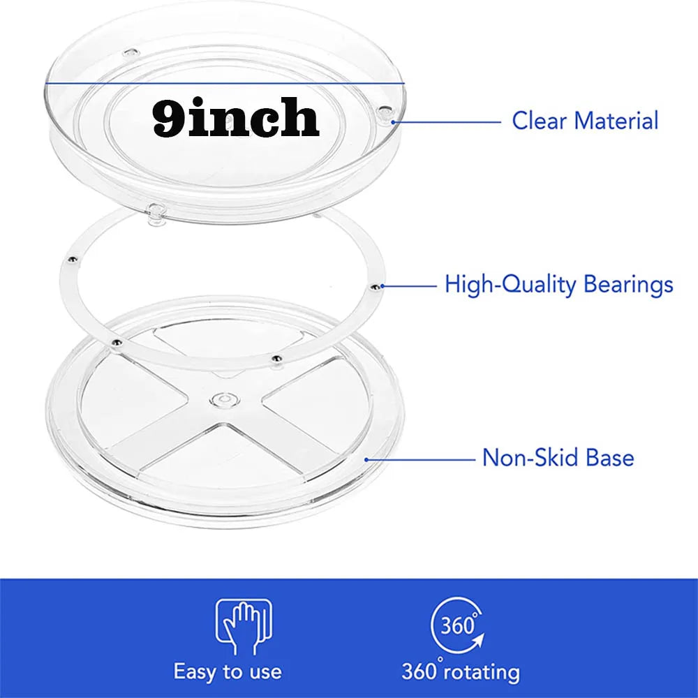 9-inch clear rotating tray with high-quality bearings and non-skid base, easy to use and 360° rotating