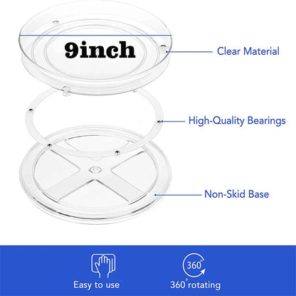 9-inch clear rotating tray with high-quality bearings and non-skid base, easy to use and 360° rotating