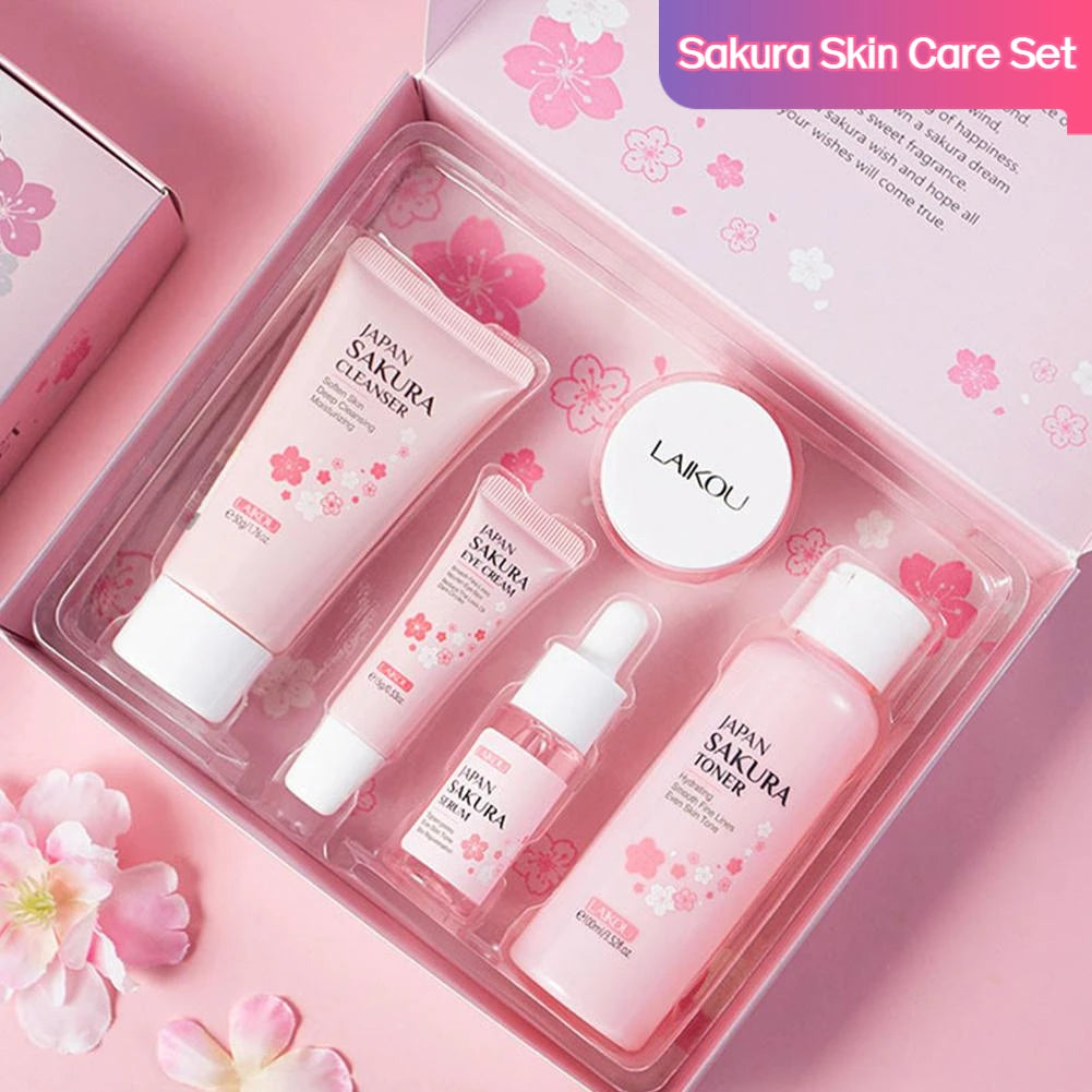 Kit de cuidado de la piel LAIKOU Sakura (5/3 piezas): crema, sérum, tónico, limpiador, protector solar, contorno de ojos y set de regalo.