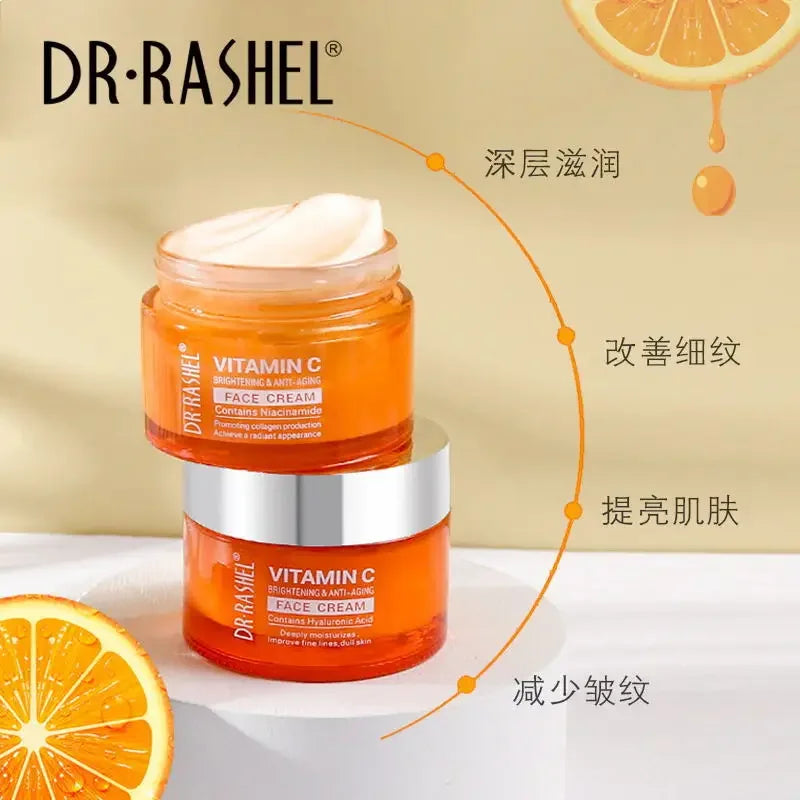 Crema facial con vitamina C del Dr. Rashel: iluminadora, hidratante, aclaradora, mejora las líneas finas y la piel opaca, ácido hialurónico y antienvejecimiento.