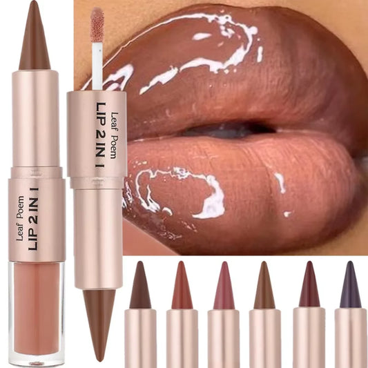 Lápiz labial/delineador de ojos mate 2 en 1: contorno de labios resistente al agua con efecto espejo y brillo en marrón nude degradado.